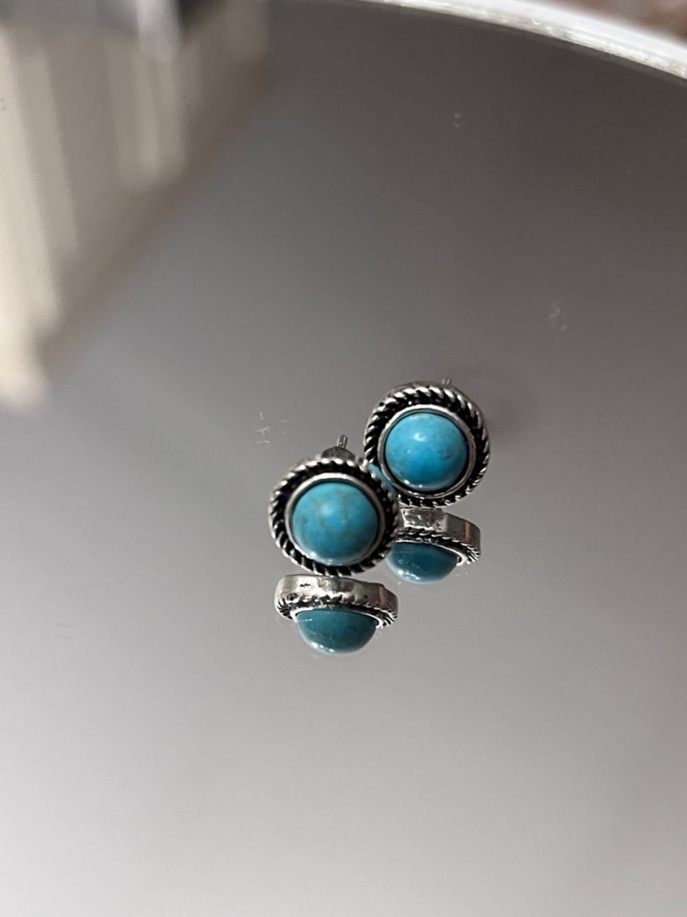Turquoise Stone Silver Stud Earrings - Blue